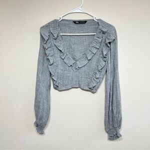 Zara Gray Long Sleeve Ruffled Crop Top Large